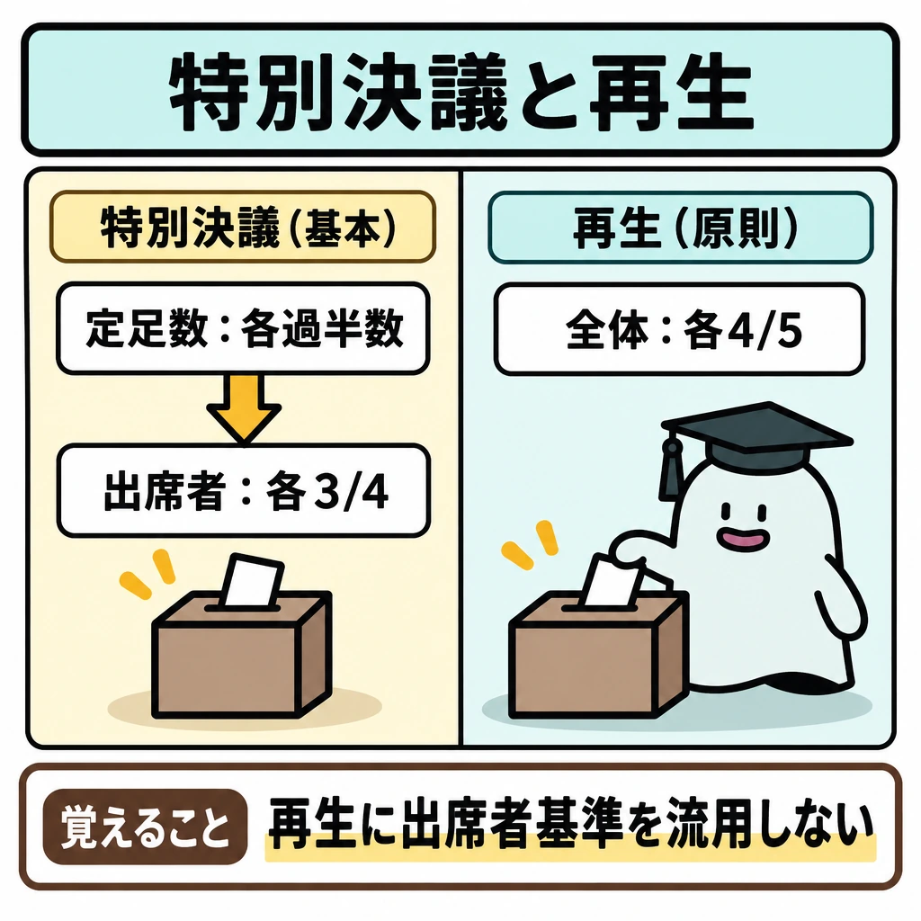 2026年4月施行後の決議を分類するの図解。中央に縦の仕切りを置き、左は特別決議の基本として「総区分所有者数と総議決権の各過半数が出席」→「出席区分所有者と出席議決権の各4分の3以上」の順に下向き矢印で示す。右は再生決議の原則として、仕切りをまたぐ矢印を描かず、区分所有者数と議決権の各5分の4を示す。