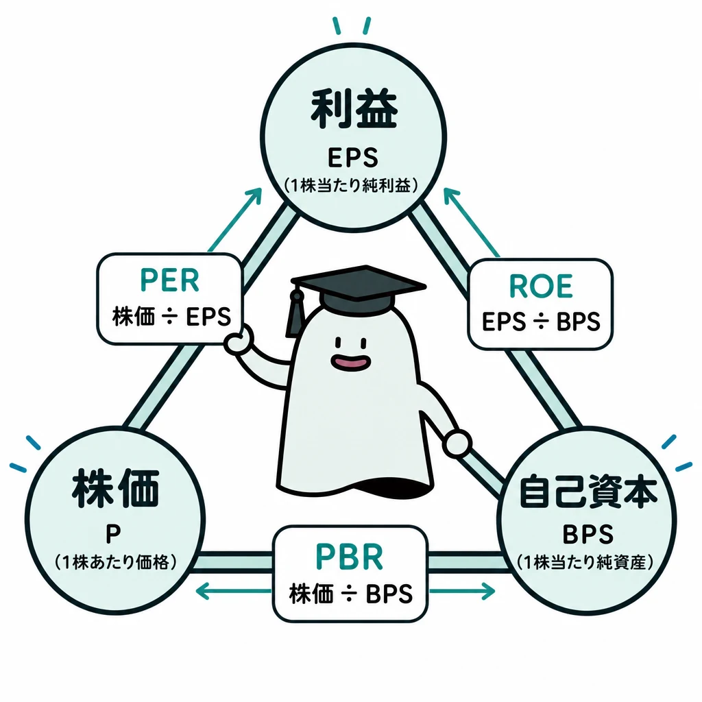 利益と純資産と株価を三角形でつなぎ、PER・PBR・ROEが異なる比較であることを示す図
