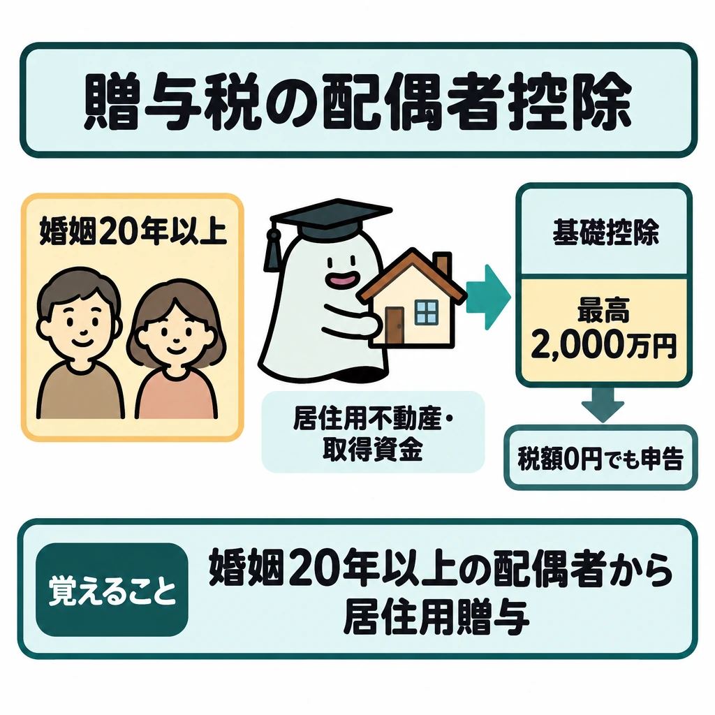 配偶者控除・非課税特例と民法の贈与の図解。左の「婚姻20年以上」という条件の下、配偶者からの居住用不動産・取得資金を中央から右の控除枠へ矢印で移す。右側は仕切りで「基礎控除」と「最高2,000万円」を別枠にし、下に申告が必要なことを示す。