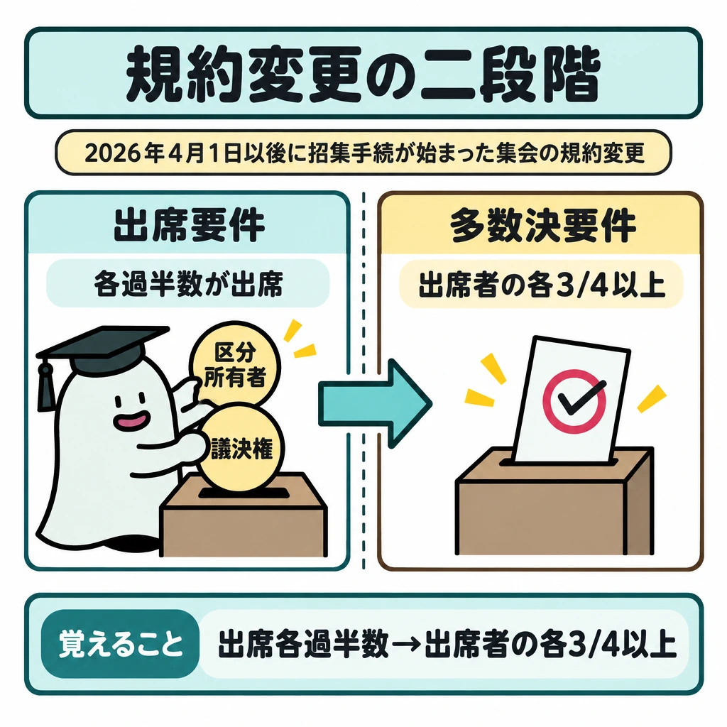 2026年改正後の集会決議の図解。2026年4月1日以後に招集手続が始まった集会の規約変更を、左の「出席要件」から右の「多数決要件」へ進む一本の矢印で描く。縦の仕切りで二段階を分け、左は区分所有者・議決権の各過半数が出席、右は出席者・出席議決権の各4分の3以上が賛成する条件を示す。