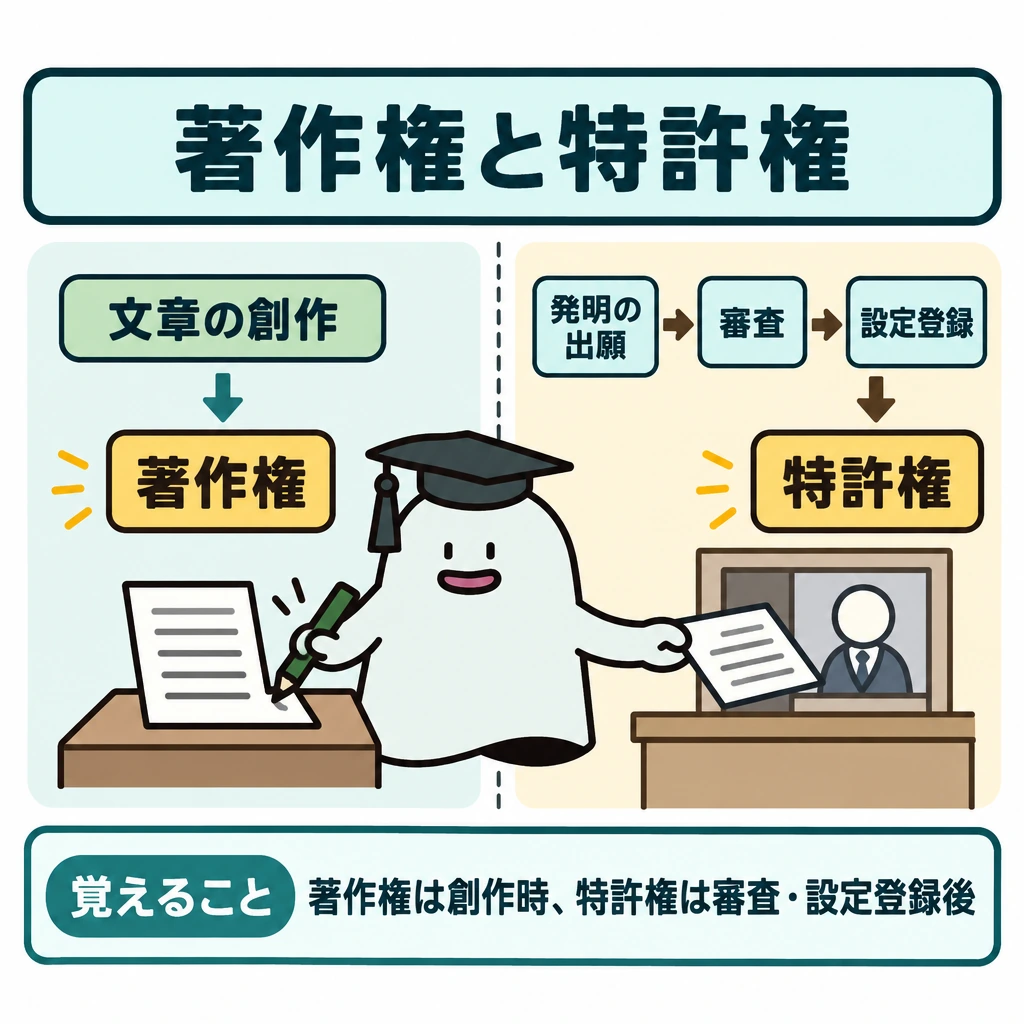 基本の仕組みの図解。中央の縦仕切りを挟み、左に「文章の創作」→「著作権」、右に「発明の出願」→「審査」→「設定登録」→「特許権」を配置する。右の矢印は出願時点で止めず、設定登録までつなぐ。