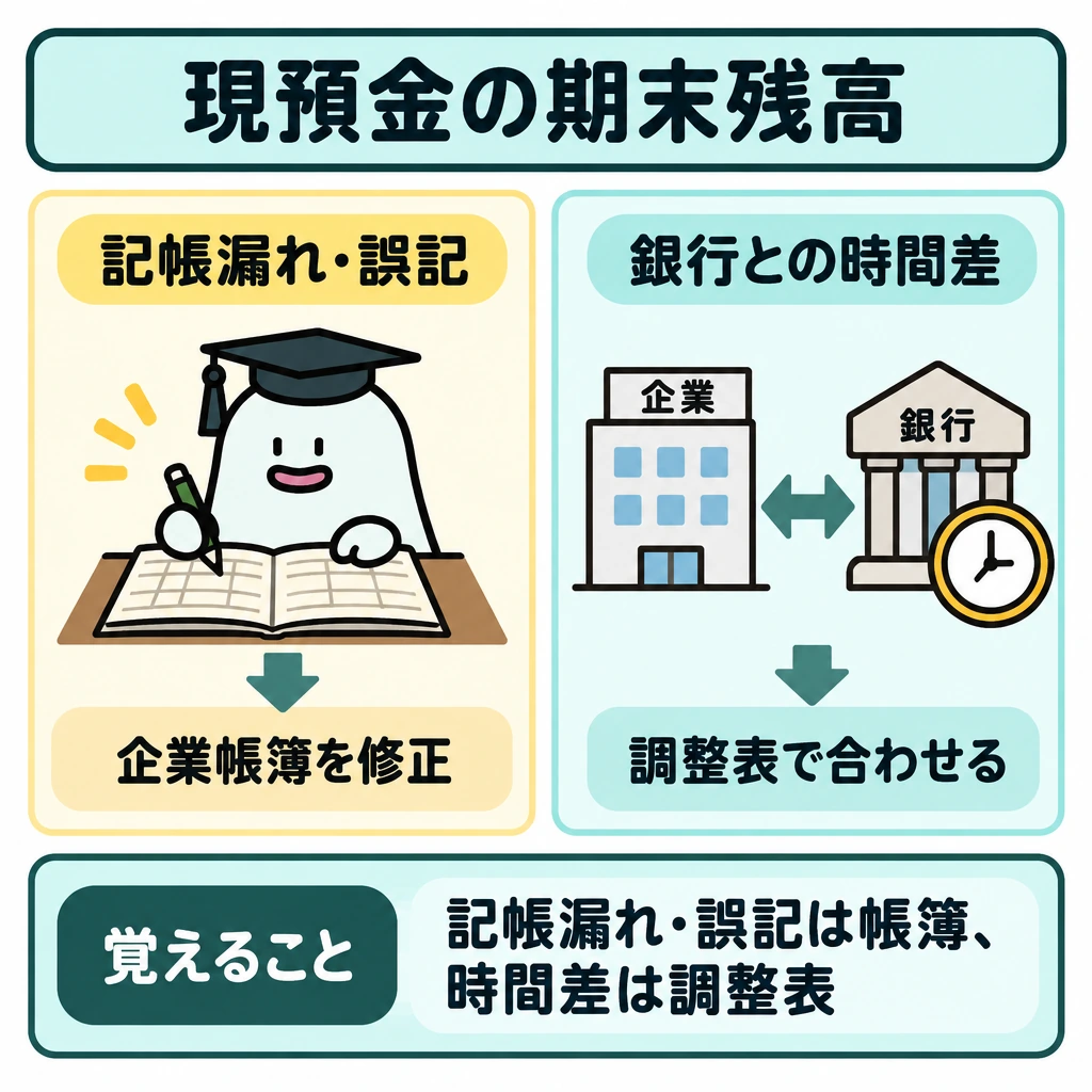 現預金・債権を期末残高へ直すの図解。中央で左右に仕切り、左に企業側の記帳漏れ・誤記→企業帳簿の修正、右に銀行との時間差→調整表で残高を合わせる流れを描く。エルくんは左の企業帳簿だけを修正する。