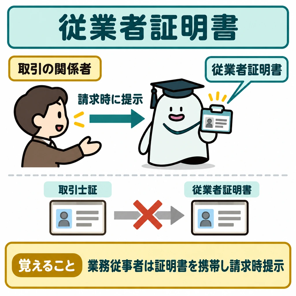 表示・従業者・取引時確認の図解。中央にエルくんを1体置き、左上の「取引の関係者」からの請求を矢印で受け、右手で証明書を提示する流れを描く。下部には仕切り線を引き、「取引士証」から従業者証明書への代用矢印に×を付ける。