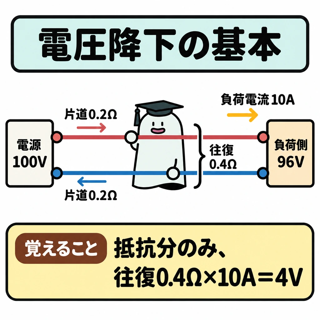 基本の仕組みの図解。左に電源100V、右に負荷側96Vを置き、単相2線式の往路・復路を上下2本の電線と矢印で示す。各電線に片道0.2Ωを記し、2本をまとめる括弧で往復0.4Ωを示す。