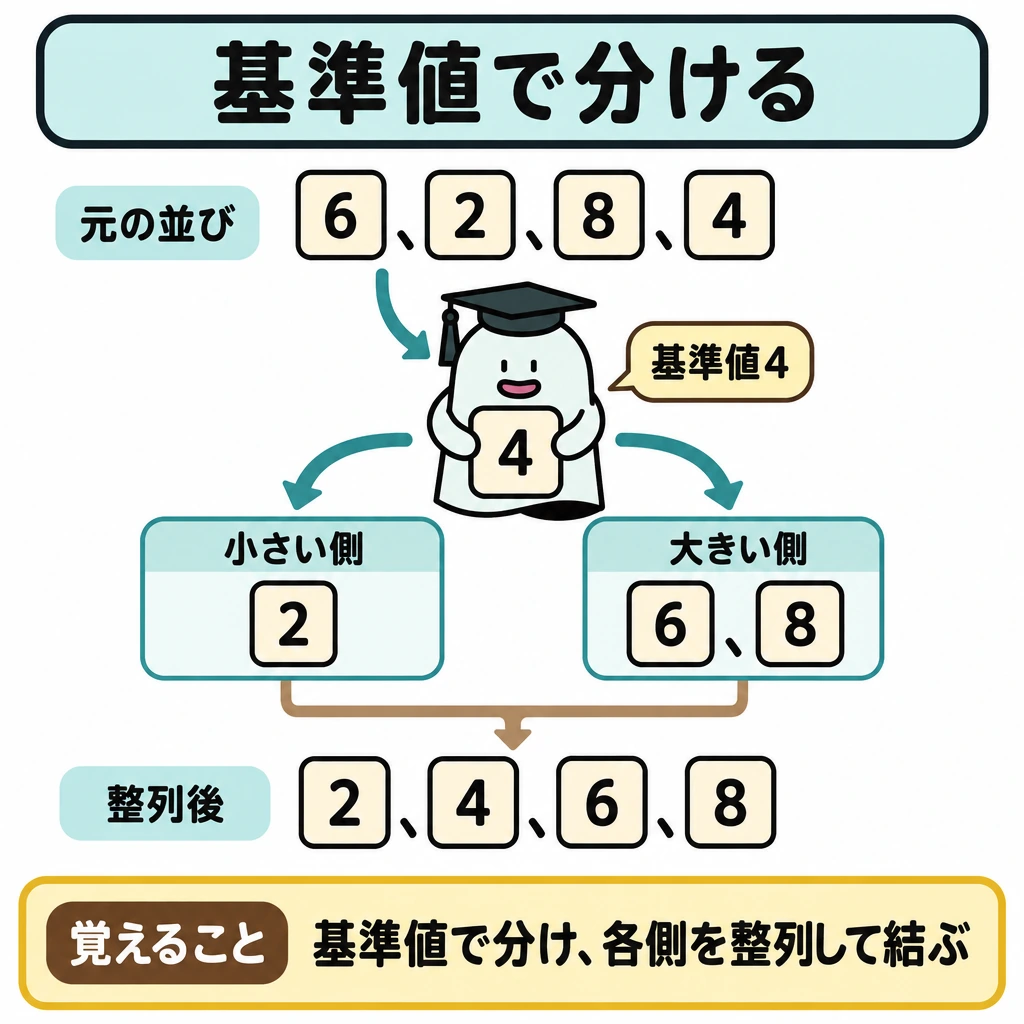 基本の仕組みの図解。上に元の並び「6、2、8、4」を置き、中央の「4」を基準に縦の仕切りを設ける。矢印で左の小さい側「2」、右の大きい側「6、8」へ分け、下で結んだ結果「2、4、6、8」へつなぐ。