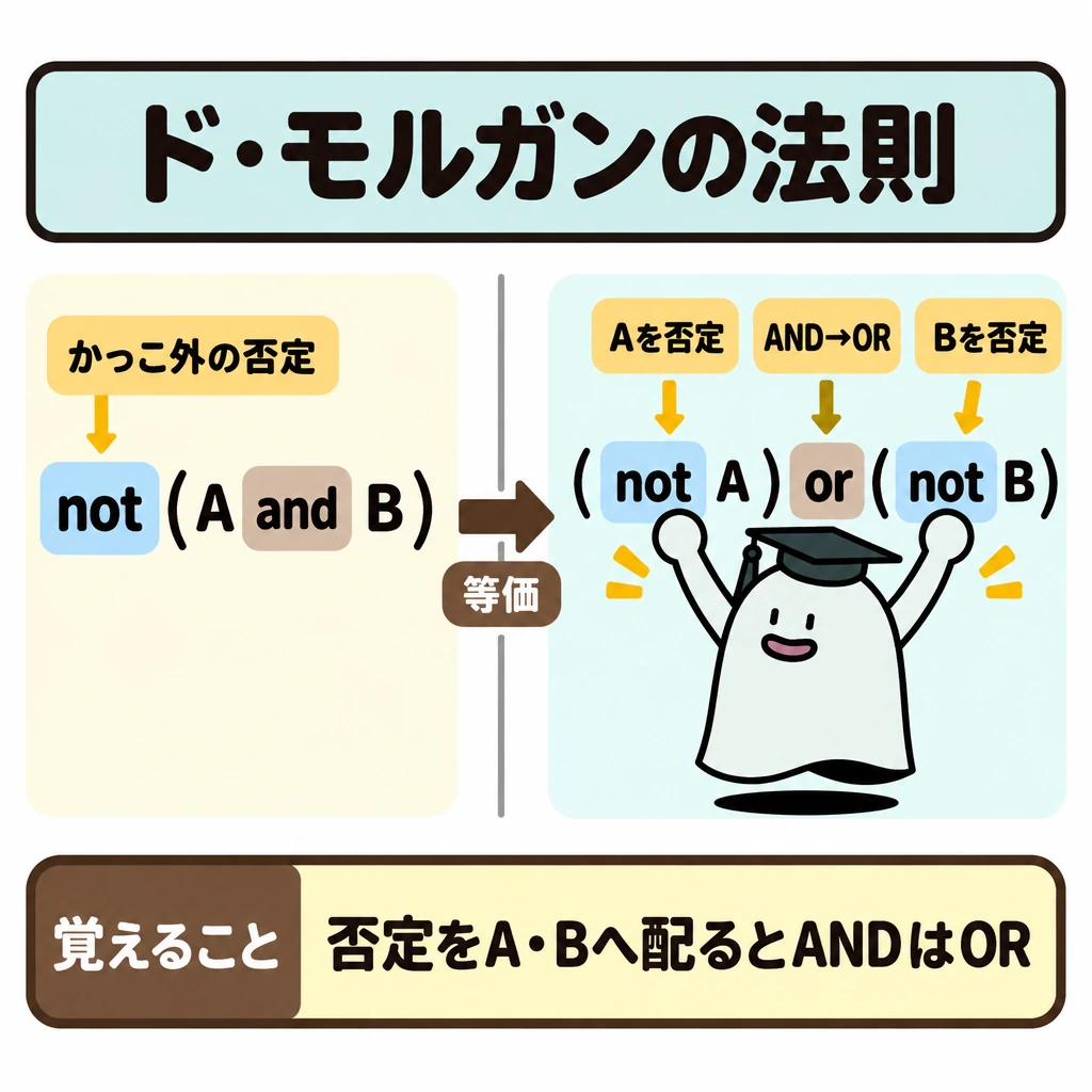 演算の比較とド・モルガンの法則の図解。中央の縦仕切りを挟み、左に「not (A and B)」、右に「(not A) or (not B)」を置き、左から右への矢印で等価な変形を示す。右側ではAとBそれぞれの前のnotと、ANDから入れ替わったORを強調する。