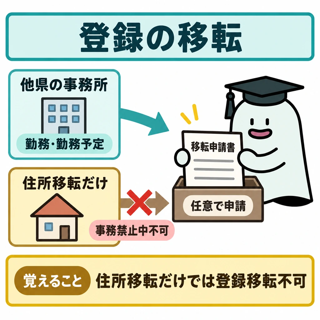 登録・取引士証の図解。中央にエルくんと移転申請書を置き、左の「他県の事務所で勤務・勤務予定」から申請書へ矢印を引く。下の「住所移転だけ」からの矢印には×を重ね、端に「事務禁止中不可」を添える。