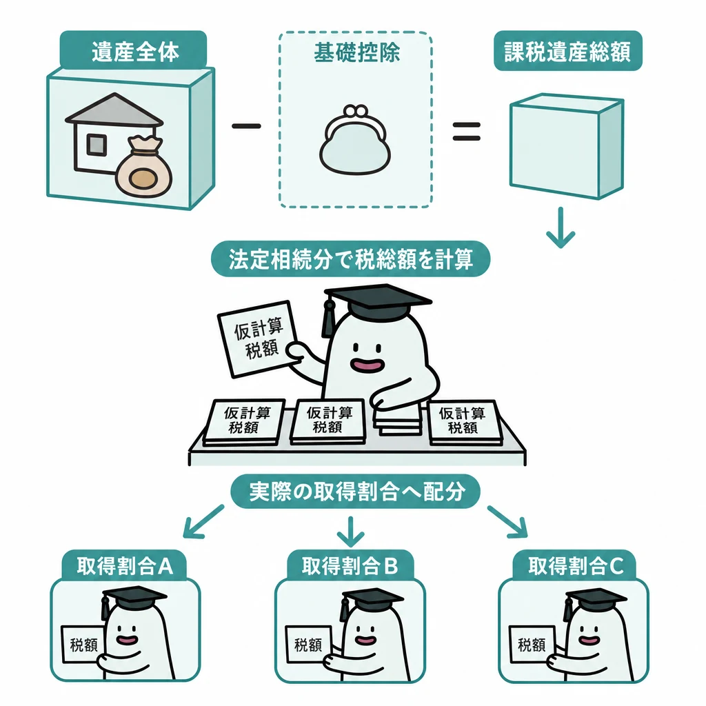 遺産全体から基礎控除を引き、法定相続分で税総額を求め、実際の取得割合へ配分する図
