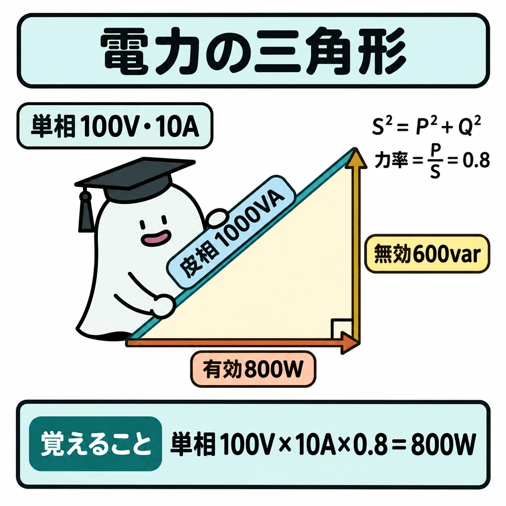 基本の仕組みの図解。正方形の中央に直角三角形を置き、底辺を右向きの有効電力800W、右端から上向きの高さを無効電力600var、左下から右上への斜辺を皮相電力1000VAとする。三角形の脇に「S²=P²+Q²」と「力率=P/S=0.8」を小さく添える。