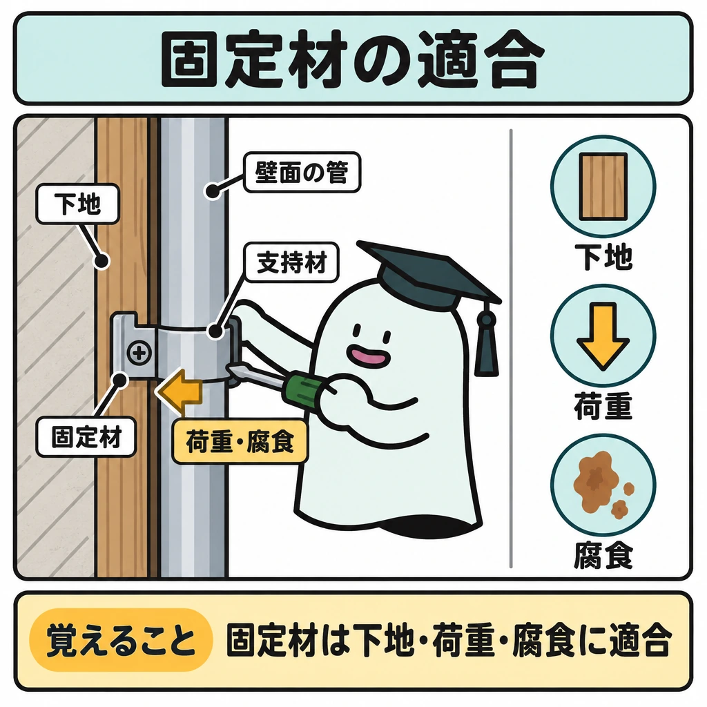 基本の仕組みの図解。中央に壁面に沿う一本の管を描き、支持材と固定材を介して壁の下地につながる様子を断面で示す。管から固定部分へ「荷重」の矢印を向け、右側を細い線で仕切って、確認する条件「下地・荷重・腐食」を縦に並べる。