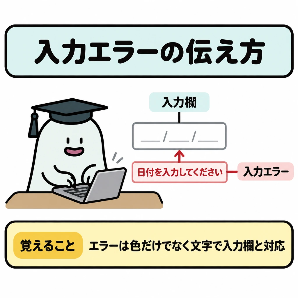 基本の仕組みの図解。中央に日付の入力欄を置き、そのすぐ下に「日付を入力してください」と表示する。エラー文から入力欄へ短い矢印を向け、どの欄を直すか分かる配置にする。