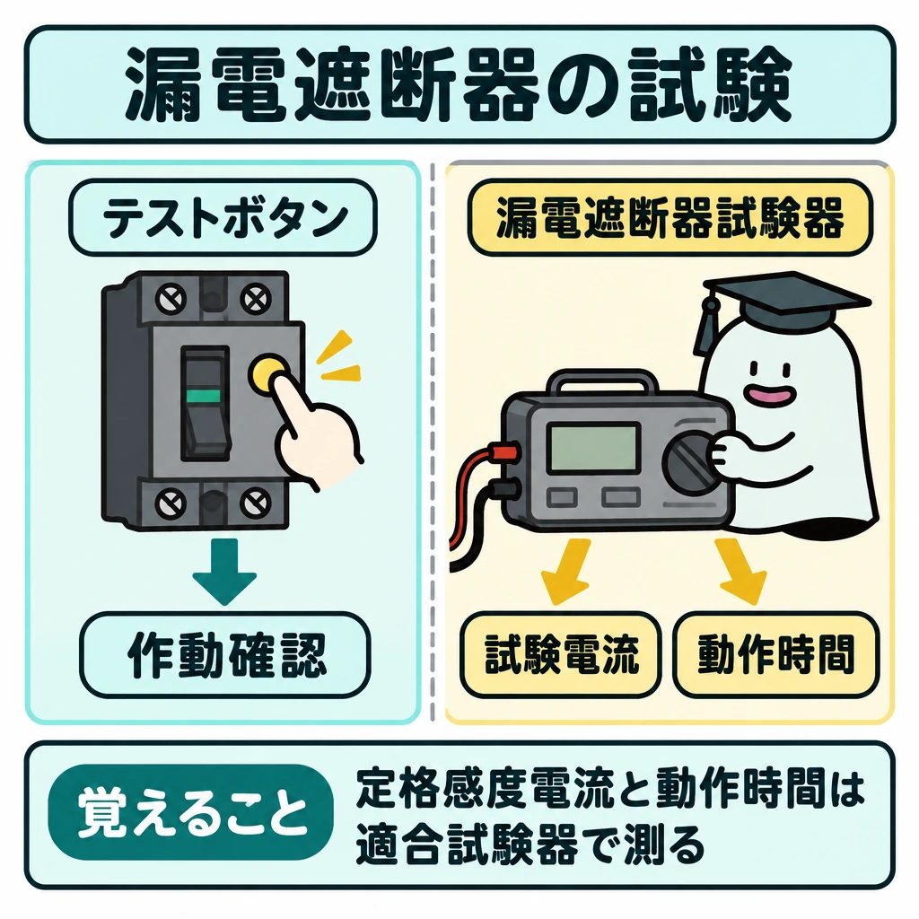 過電流保護と漏電保護の試験の図解。左に漏電遮断器のテストボタンと「作動確認」、右に漏電遮断器試験器と「試験電流」「動作時間」を配置し、中央を縦の点線で仕切る。左はボタンから作動確認へ、右は試験器から二つの測定項目へ矢印を引き、確認と実測を区別する。