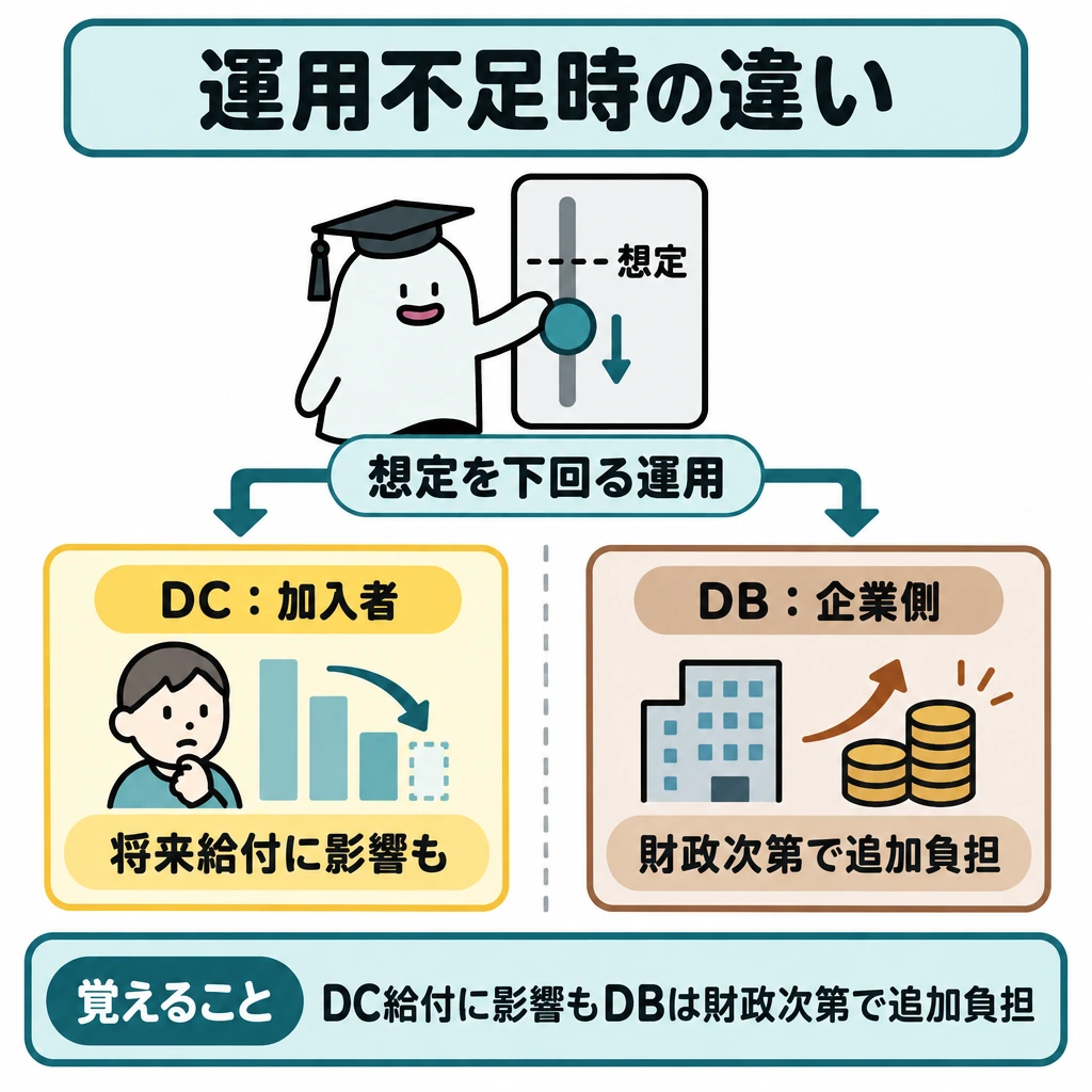 基本の仕組みの図解。上部中央に「想定」の線がある運用目盛りを置き、実績がその線を下回る位置から左右へ矢印を分ける。中央の仕切りを挟み、左にDCと加入者の将来給付、右にDBと財政状況に応じた企業側の追加負担を配置する。