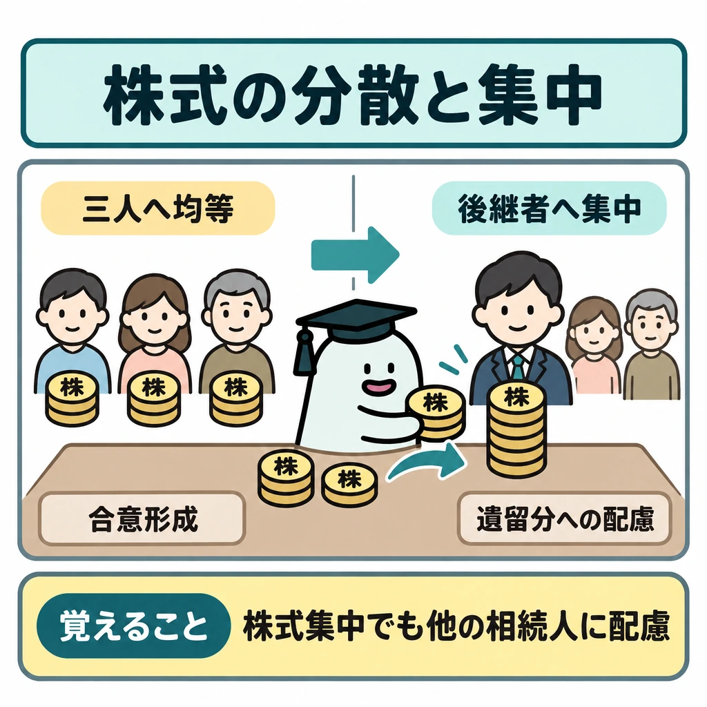 基本の仕組みの図解。1枚の盤面を縦線で仕切り、左に相続人三人へ株式が均等に分かれた配置、右に後継者へ株式を集中させた配置を置き、左から右へ矢印を引く。左には合意形成が難しくなる場合があることを示し、右には他の相続人の遺留分への配慮を添える。