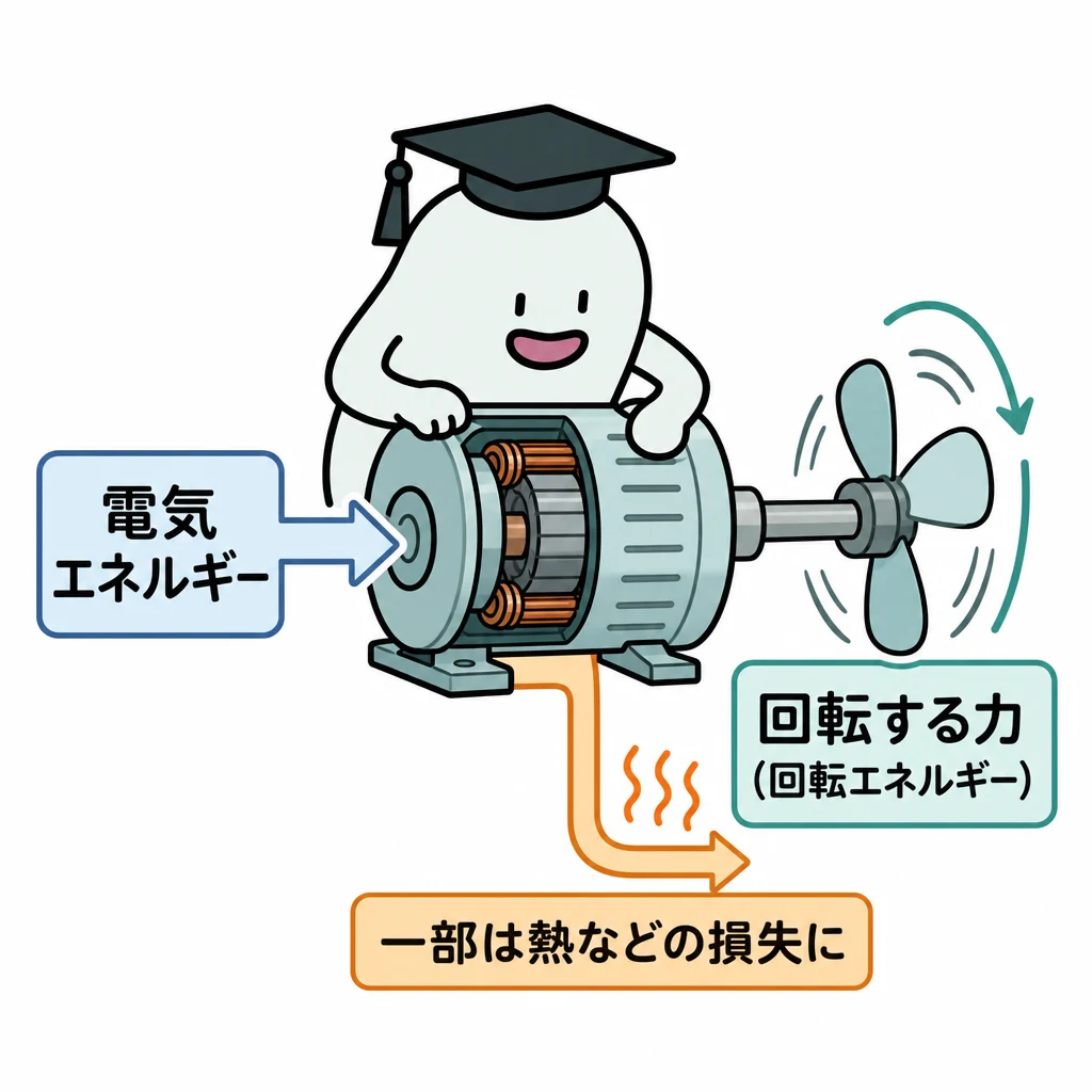 電気を回転に変える。左に電気の矢印、中央にモーター、右に回転する軸とファン。