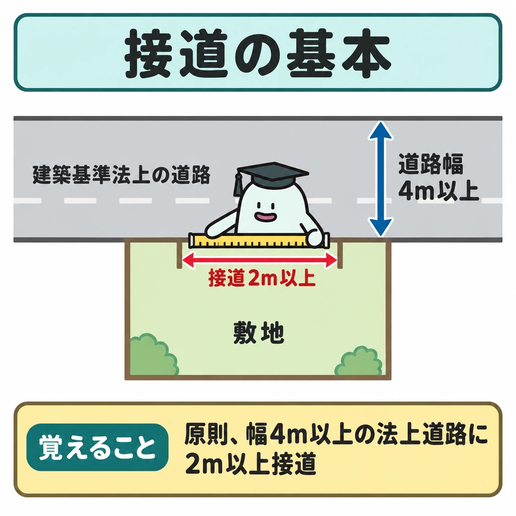 建蔽率・容積率・接道の図解。平面図で、上側に横長の道路、下側に道路に接する敷地を置く。道路の幅は上下の両矢印で「4m以上」、敷地が道路に接する長さは境界線に沿う左右の両矢印で「2m以上」と示し、二つの寸法を混同させない。