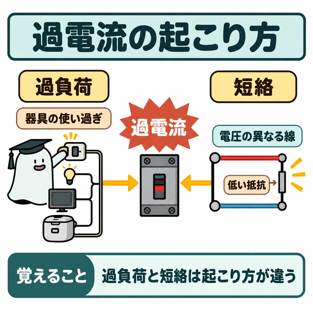 基本の仕組みの図解。1つの回路図の中央に過電流遮断器を置き、左側に器具の使い過ぎから電流が増える流れ、右側に電圧の異なる線同士が低い抵抗でつながる箇所を描く。左右は仕切らず、各原因から「過電流」へ向かう矢印を付ける。