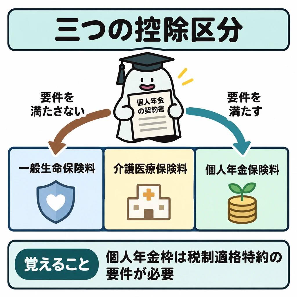 三つの控除区分の図解。正方形の中央に縦の仕切りで三つの箱を並べ、左から一般生命保険料・介護医療保険料・個人年金保険料とする。個人年金の契約書から、税制適格特約の要件を満たす場合は右の箱へ、満たさない場合は左の箱へ向かう矢印を描く。