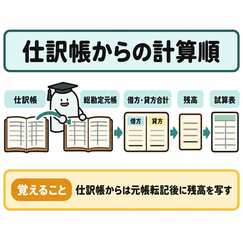 資料の種類に応じた計算順の図解。正方形の中央に、仕訳帳→総勘定元帳→借方・貸方合計→残高→試算表を左から右へ矢印でつなぐ。元帳の借方・貸方をそれぞれ合計してから残高を求める順序が分かるようにする。