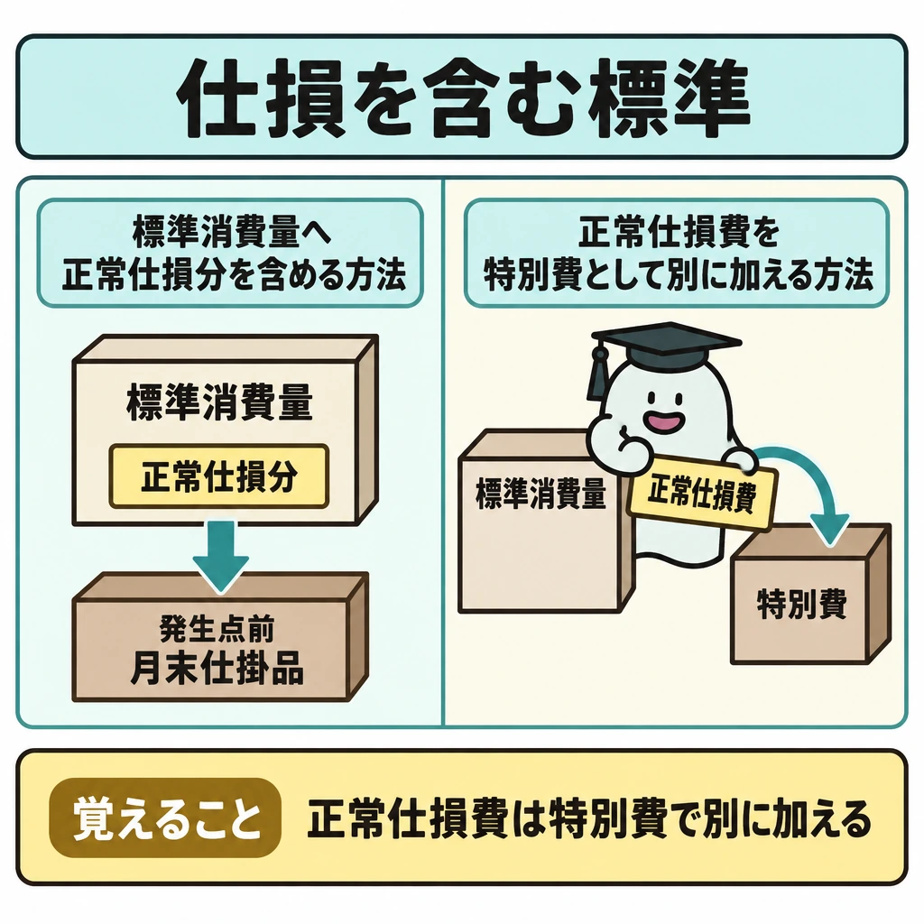 仕損を含む標準と原価差異の処理の図解。正方形の中央を縦線で仕切り、左に標準消費量へ正常仕損分を含める方法、右に正常仕損費を特別費として別に加える方法を描く。左では発生点前の月末仕掛品にも仕損分が入ってしまう様子を示し、右ではその仕掛品と特別費を分けて置く。