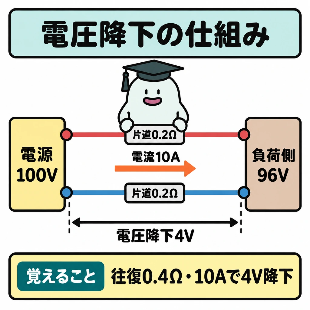 基本の仕組みの図解。左に電源100V、右に負荷側96Vを置き、上下2本の電線でつなぐ。各電線に片道0.2Ωを示し、電流10Aの矢印とともに、往復0.4Ωによる電圧降下4Vを中央に示す。