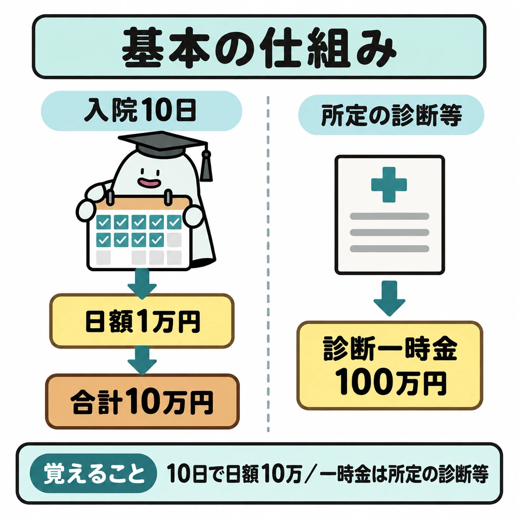 基本の仕組みの図解。中央の縦線で左右を分け、左は「入院10日」→「日額1万円」→「合計10万円」、右は「所定の診断等」→「診断一時金100万円」と矢印で結ぶ。左右の金額を等号で結ばない。