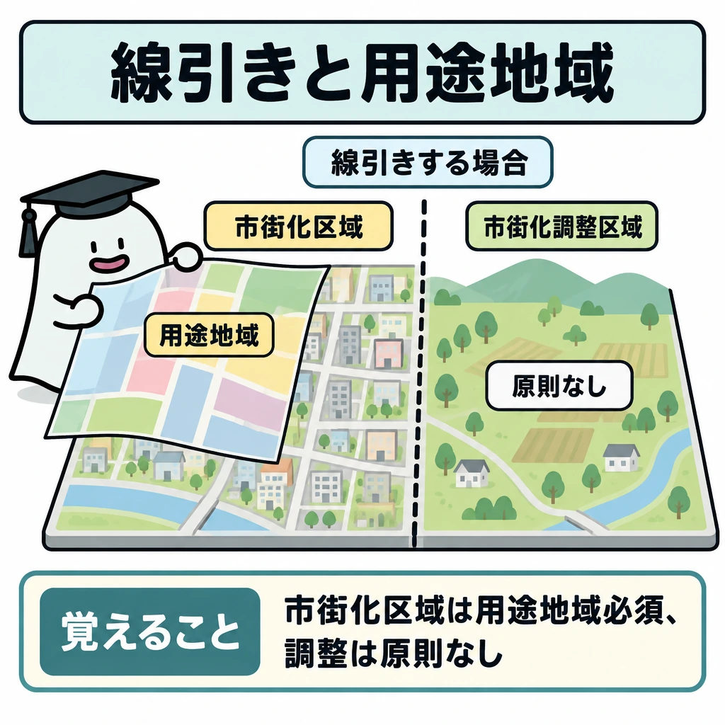 区域・地域地区・地区計画の図解。線引きする場合の都市計画区域を一枚の地図にし、中央の縦線で左の市街化区域と右の市街化調整区域を分ける。左には用途地域の色付き区画を重ね、右には「原則なし」と記す。