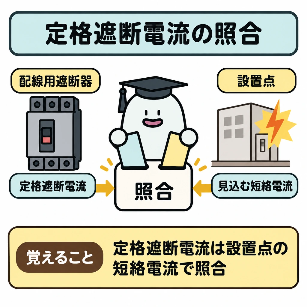 電流・地絡・過電圧の保護の図解。左に配線用遮断器の「定格遮断電流」、右に「設置点で見込む短絡電流」を置き、両方から中央の照合枠へ矢印を向ける。仕切りや別場面は作らず、1つの設置点での照合として描く。