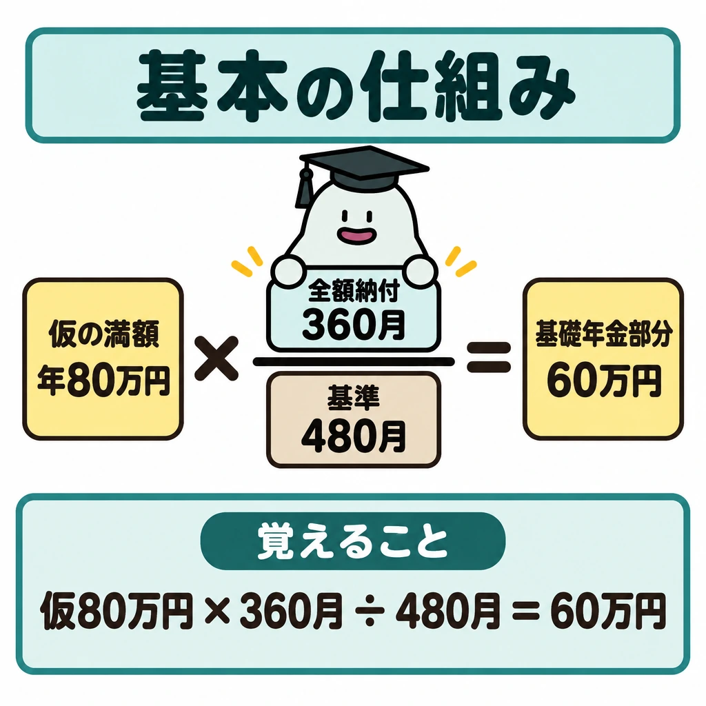 基本の仕組みの図解。正方形の中央に「仮の満額 年80万円」×「全額納付360月」÷「基準480月」→「基礎年金部分60万円」を左から右へ配置する。360月を分子、480月を分母にした分数を中央に大きく描き、下部を「覚えること」欄として仕切る。