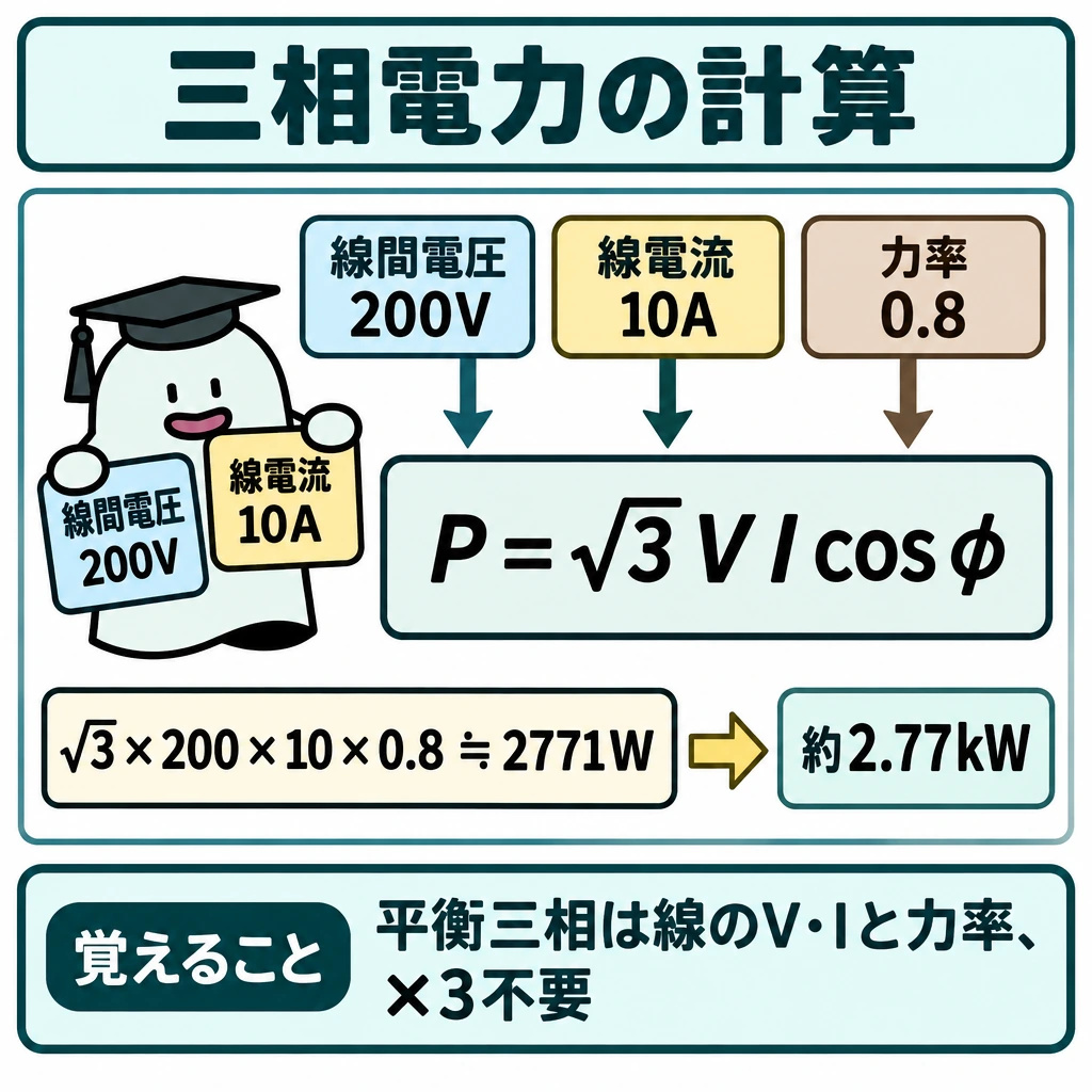 基本の仕組みの図解。正方形の上段に3つの入力値を並べ、下向きの矢印で中央の「P=√3VIcosφ」へつなぐ。式の下に「√3×200×10×0.8≒2771W」から「約2.77kW」への右向き矢印を置き、最下部を仕切って結論を示す。