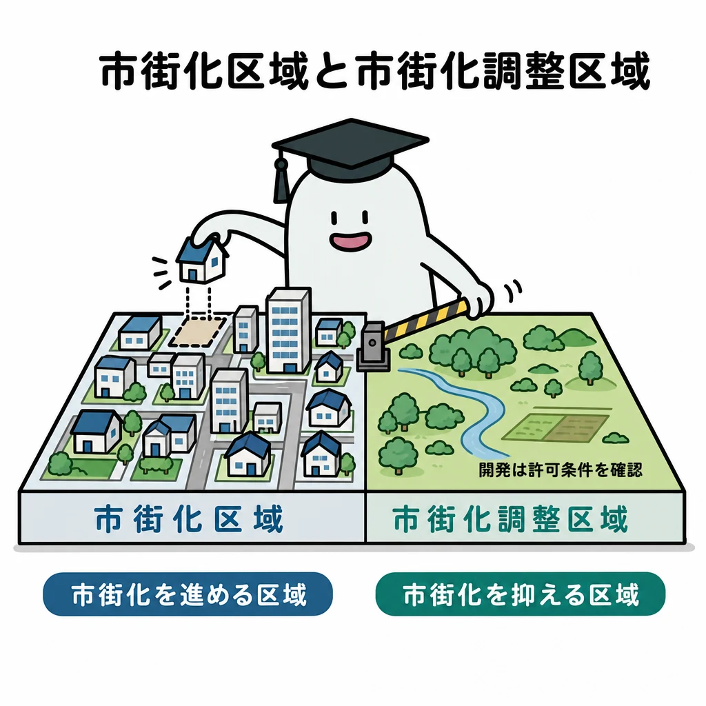 街並みと田畑の比較で市街化区域と市街化調整区域の違いを示す図。