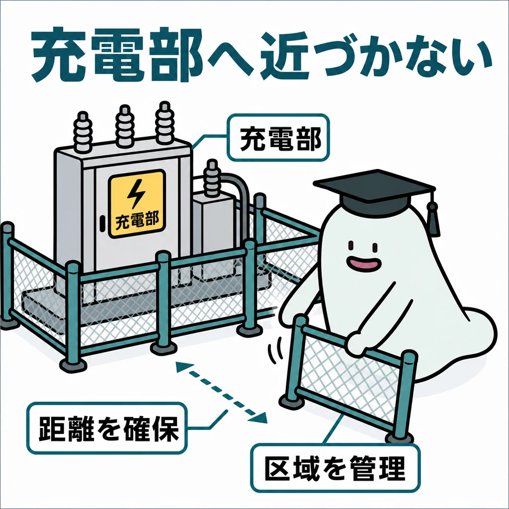 エルくんが充電部の周囲へ柵を配置し、距離を確保して立入りを管理する図。