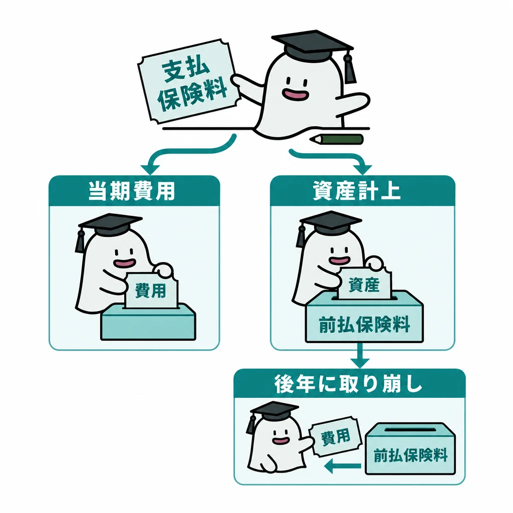 法人保険の支出を当期費用と資産計上に分け、後に資産を取り崩す流れを示す図