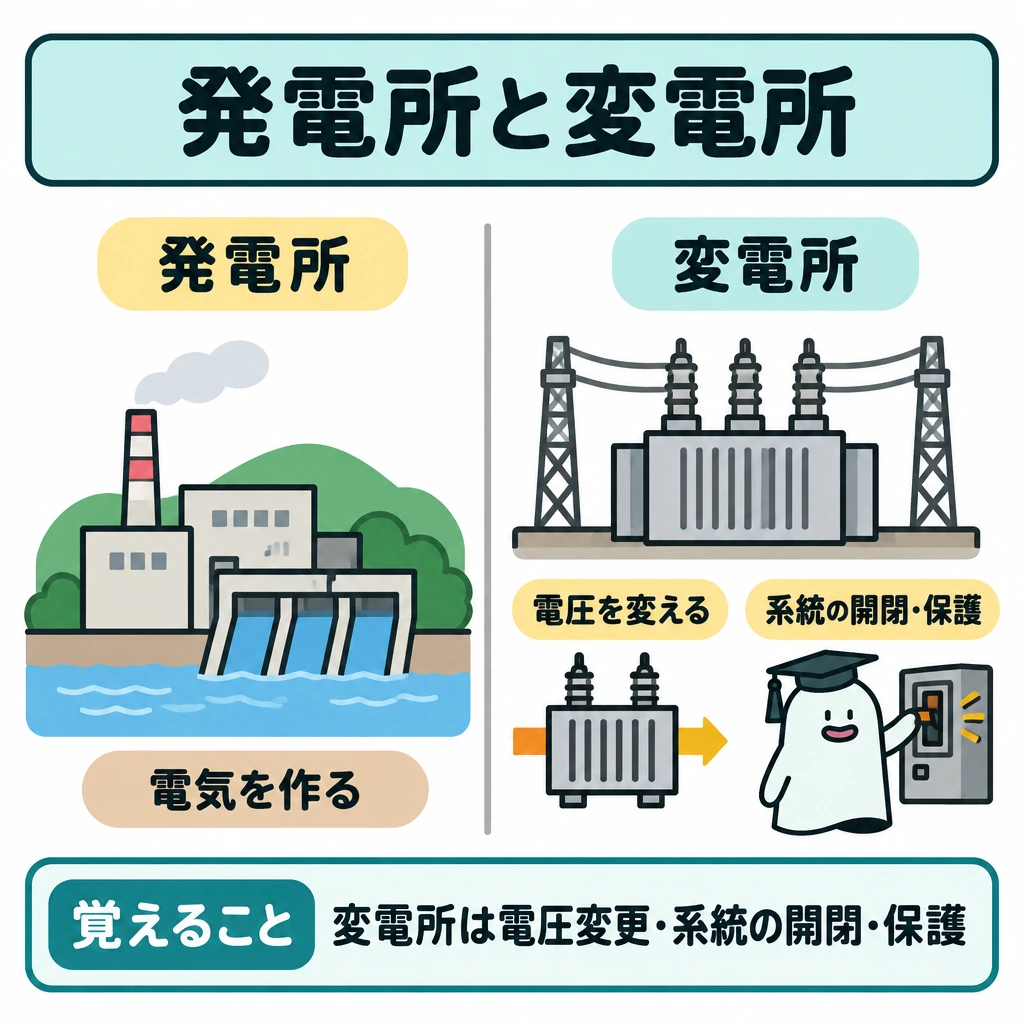 確認の図解。中央の縦線で左右を分け、左に発電所、右に変電所を配置する。右側には「電圧を変える」と「系統の開閉・保護」を別々に示し、両施設の役割を対比する。