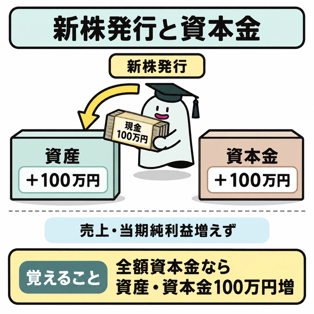 基本の仕組みの図解。画面中央を縦に二分し、左に「資産+100万円」、右に「資本金+100万円」を同じ高さで置く。上から現金が左側へ入る矢印を描き、下部は仕切り線で分けて「売上・当期純利益増えず」と示す。