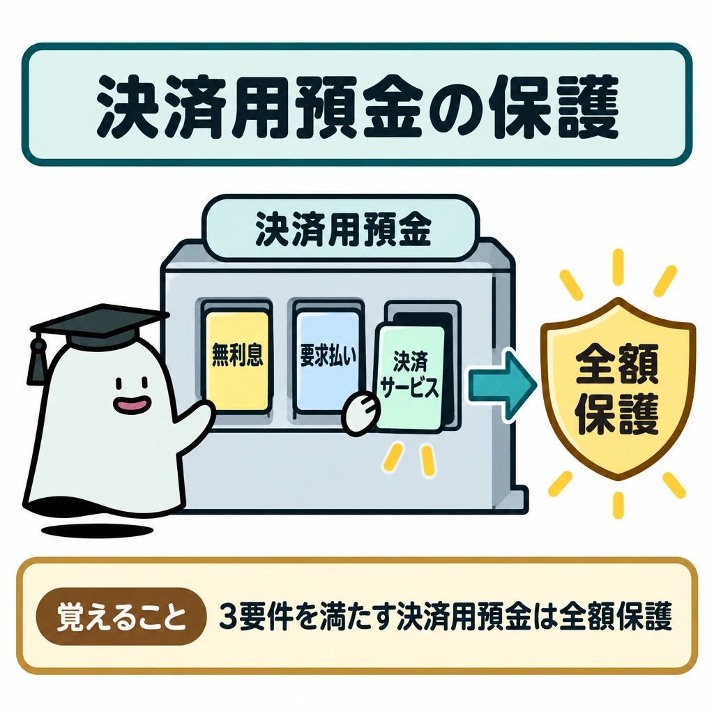 預金保険と投資者保護基金の保護範囲の図解。中央に「決済用預金」のゲートを置き、「無利息」「要求払い」「決済サービス」の3つの条件を横並びの差込口で示す。3つがそろったゲートからだけ、右の「全額保護」へ矢印を伸ばす。