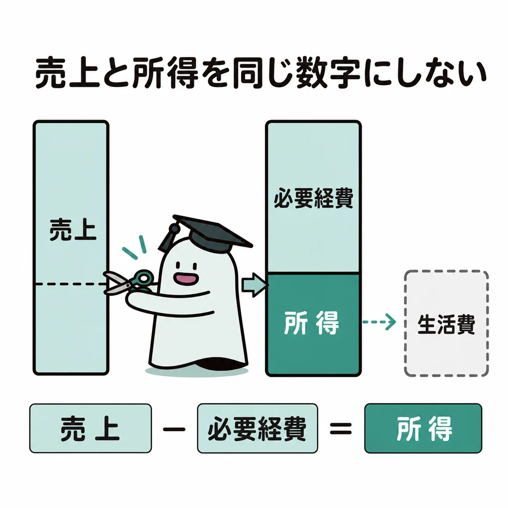 売上から事業に必要な費用を差し引き、生活費とは区別して所得を求める図