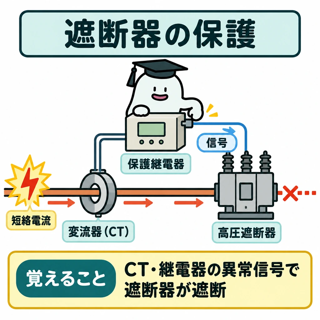 確認の図解。左の電路に変流器(CT)、中央上に保護継電器、右に高圧遮断器を配置する。異常検出から継電器、遮断器へ向かう信号を矢印で示し、遮断器の位置で短絡電流の経路を途切れさせる。