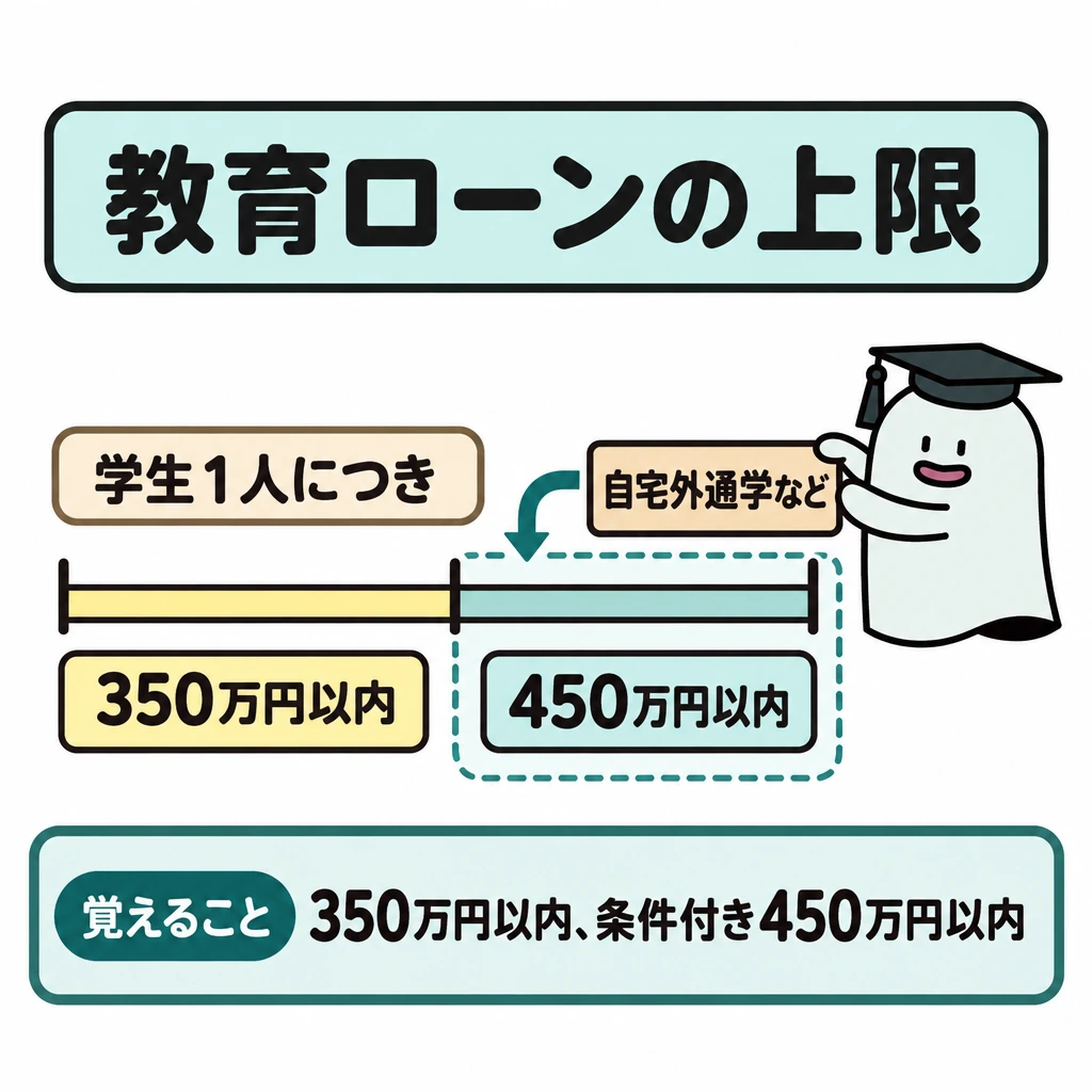 国の教育ローンと奨学金の条件の図解。「学生1人につき」の横長の上限目盛りで、左に350万円以内、右に450万円以内を配置する。右側だけを条件付きの枠で囲み、「自宅外通学など」から右枠へ矢印をつなぐ。
