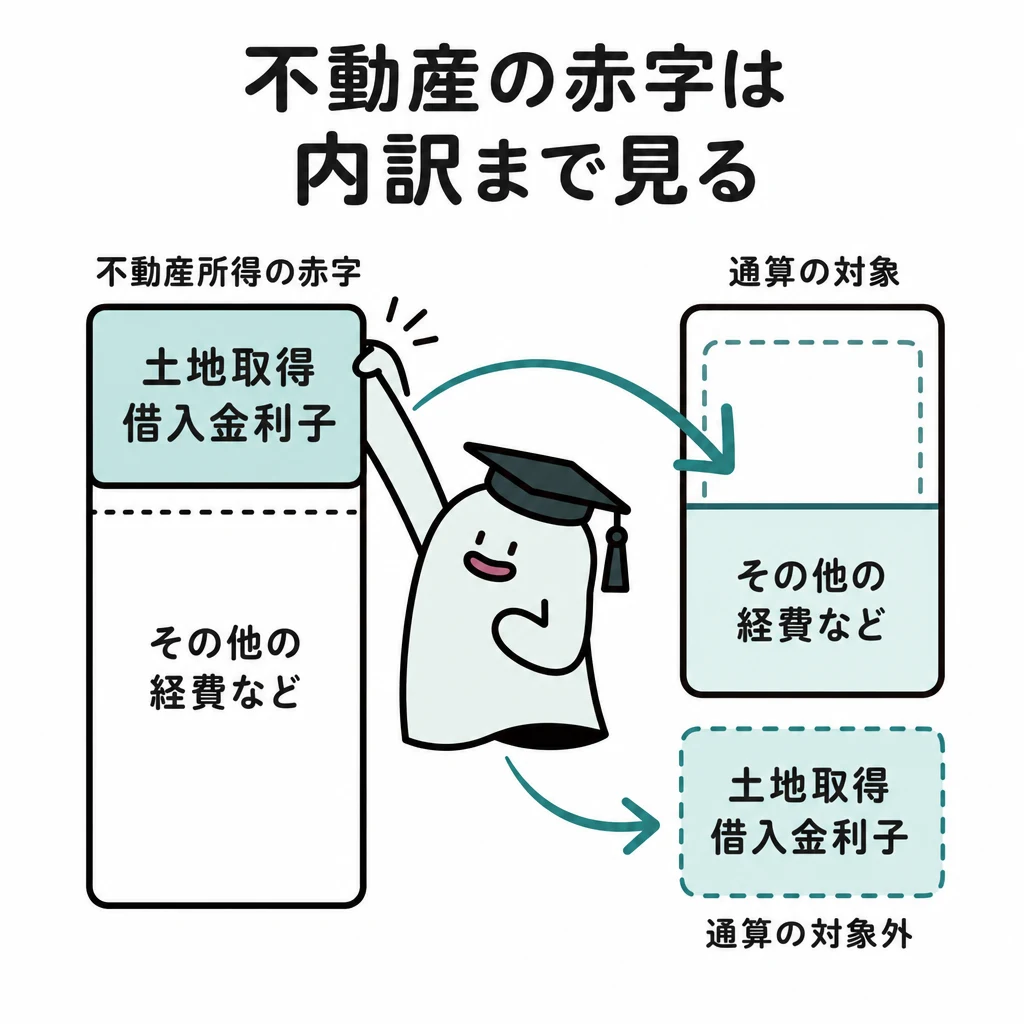 不動産所得の赤字のうち土地取得借入金利子に相当する部分を通算対象から分ける図