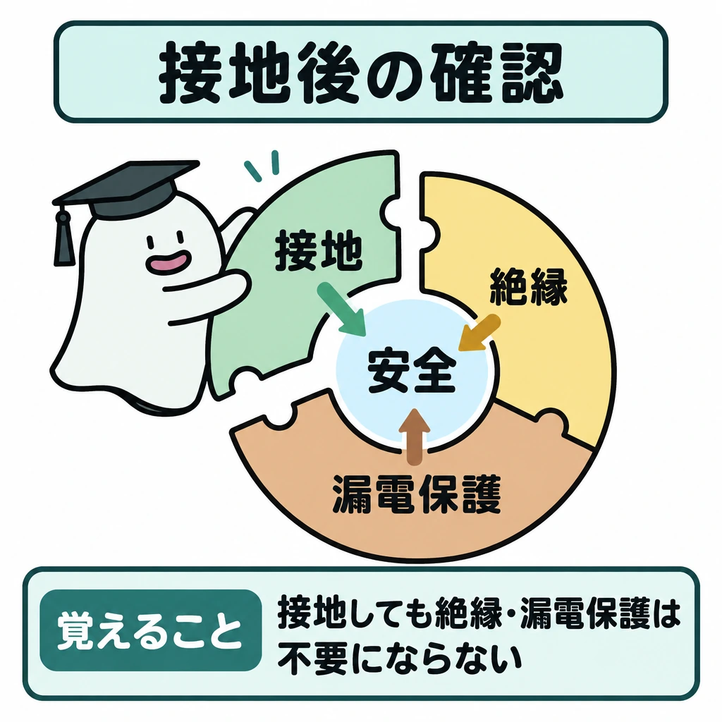 確認の図解。中央に「安全」を置き、周囲を3つに仕切って「接地」「絶縁」「漏電保護」を別々に配置する。それぞれから中央へ矢印を向け、異なる対策が安全を支える関係を示す。
