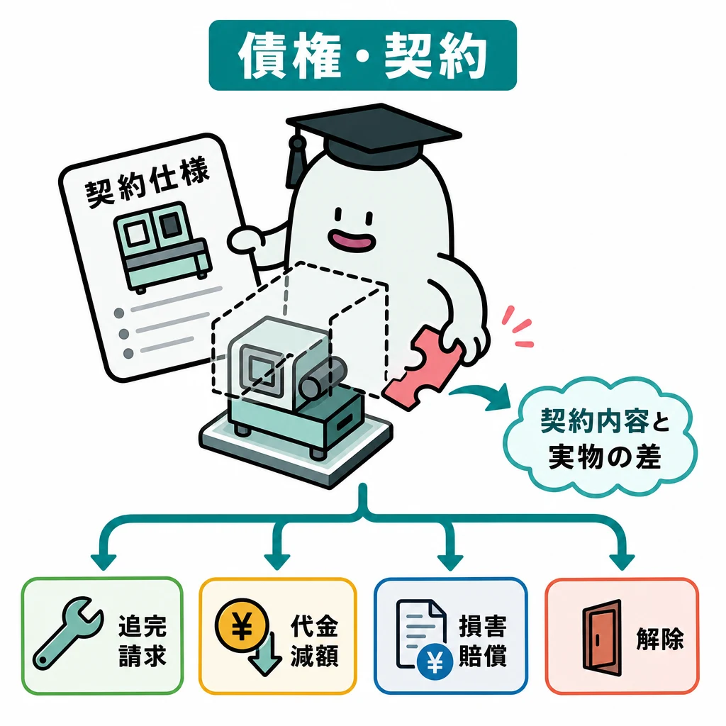 エルくんが説明する図解。契約内容と実物の差→追完/減額/賠償/解除の判断枝。