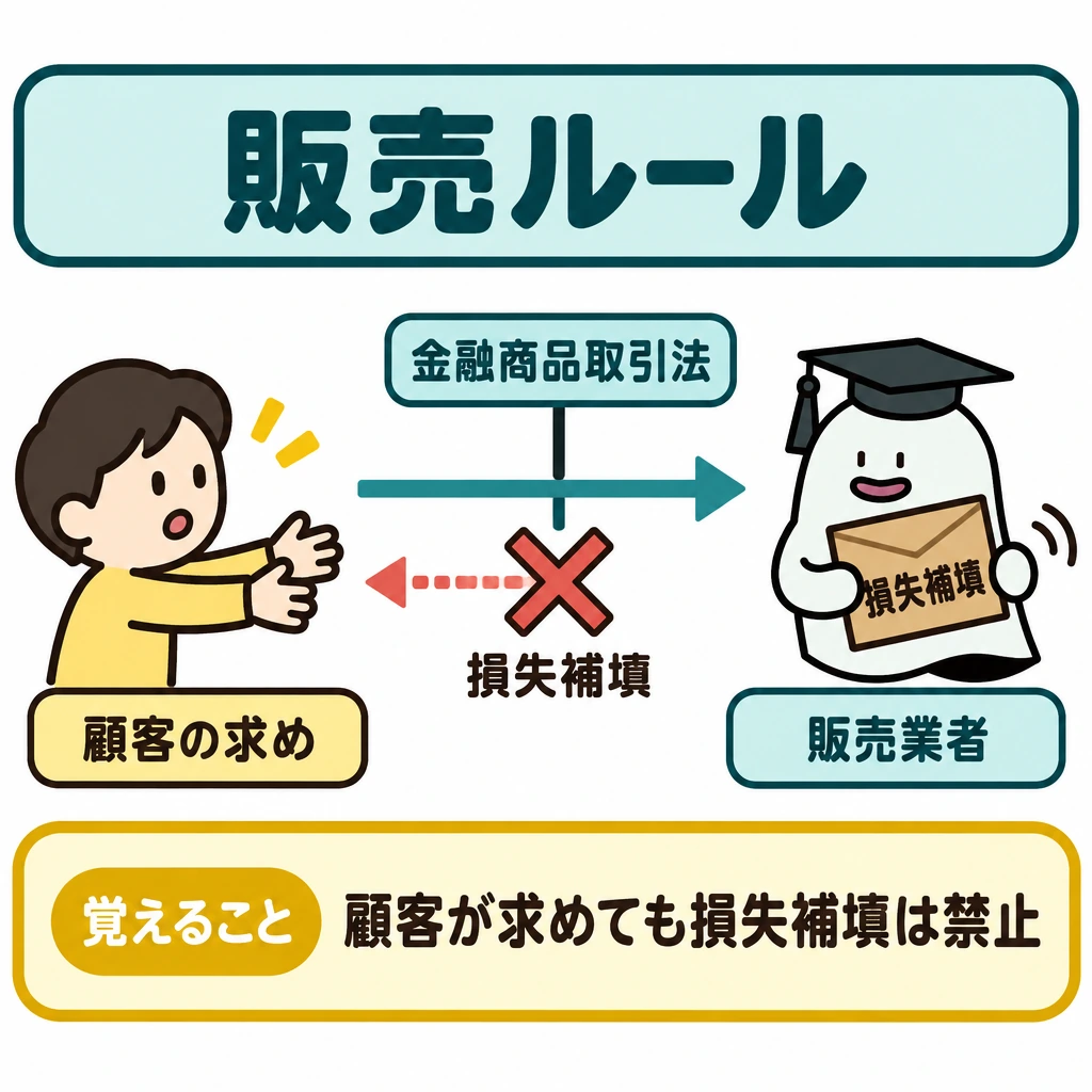 販売ルールと関連法規の図解。左の「顧客の求め」から右の「販売業者」へ矢印を引く。右から左への「損失補塡」の矢印は中央の禁止線で止め、上に根拠となる法律名を置く。