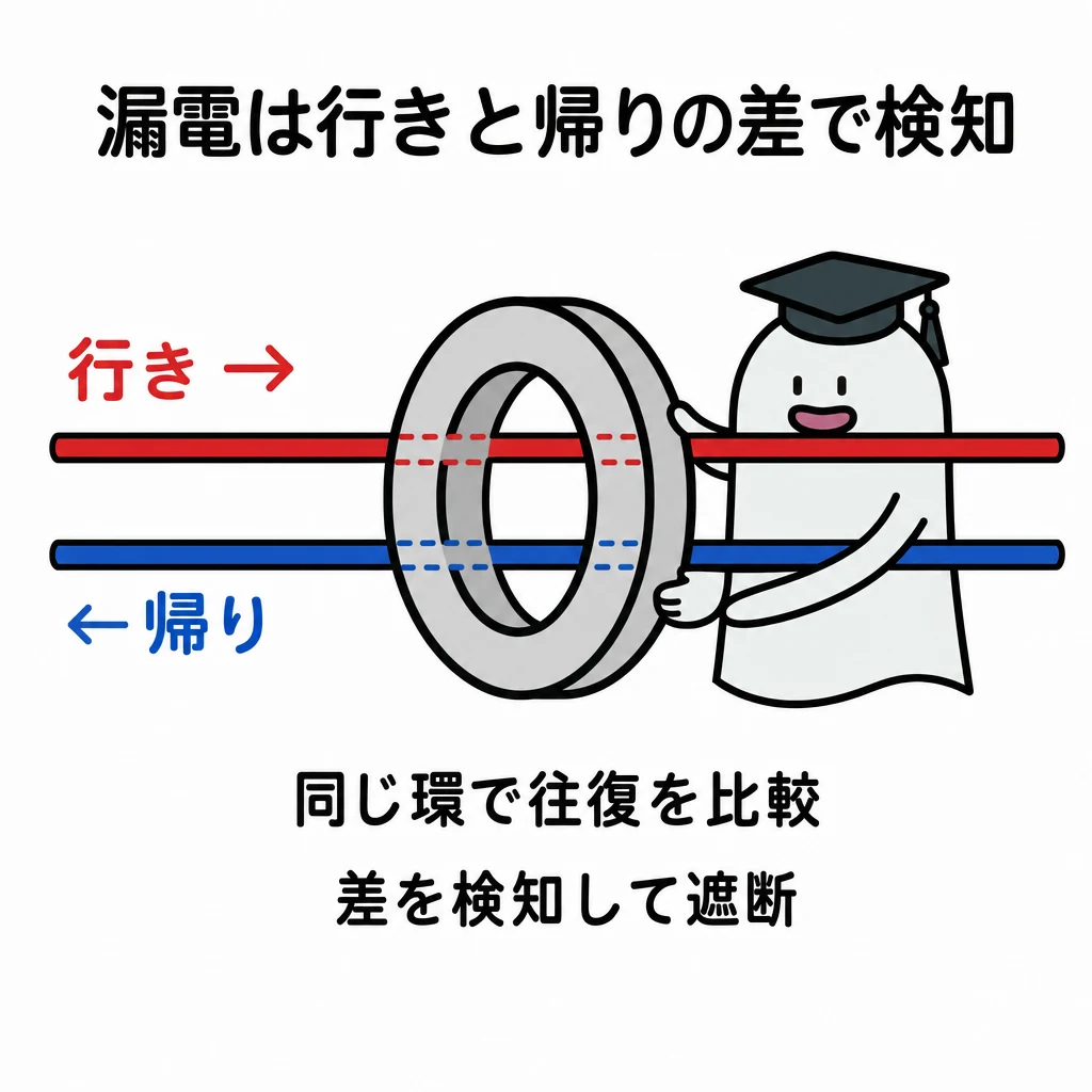 互いに逆向きの行き線と帰り線が同じセンサー環を連続して貫き、エルくんが環を支える漏電検知の図。