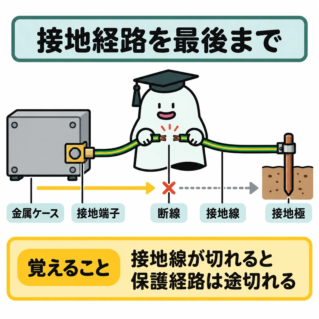 基本の仕組みの図解。左から金属ケース→接地端子→接地線→接地極を一続きの経路として並べ、接地端子の先の接地線に切れ目を描く。経路を示す矢印は切れ目で止め、接地極まで届かないことを示す。