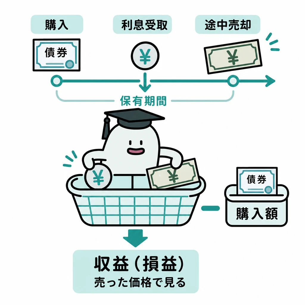 債券の購入から利息受取、途中売却までの期間で収益を数える図