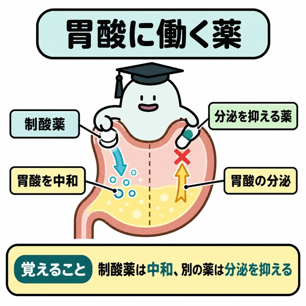 胃と腸の薬を作用点で整理の図解。中央に胃の断面を一つ描き、内部を点線で左右に分ける。左は胃酸に向かう制酸薬と「中和」の矢印、右は胃酸が分泌される向きの矢印を薬が遮る様子を描き、二つの作用を対比する。