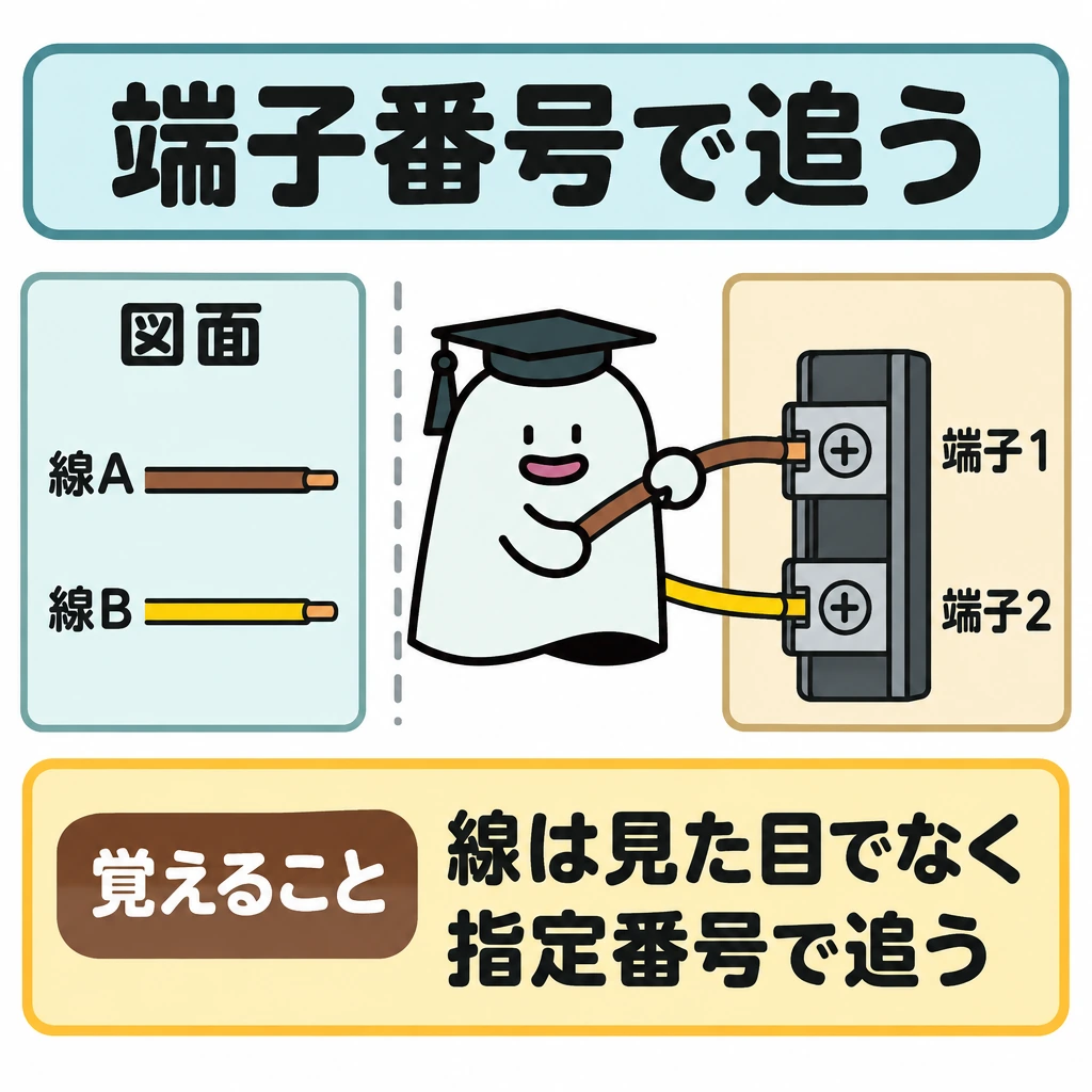 基本の仕組みの図解。左に図面の線A・線B、右に端子台の端子1・端子2を置き、中央の仕切りを越える別々の矢印でA→1、B→2の対応を示す。位置の並びではなく番号を照合する構図にする。