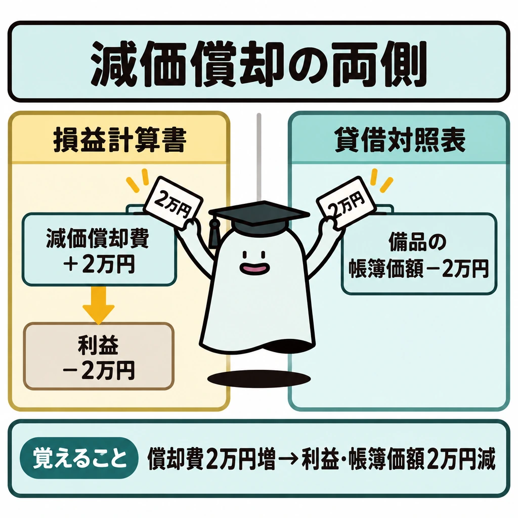 基本の仕組みの図解。中央の仕切りを挟み、左に損益計算書、右に貸借対照表を配置する。左は減価償却費+2万円から利益-2万円へ矢印をつなぎ、右は備品の帳簿価額-2万円を示して、同じ修正が両側に反映される様子を描く。