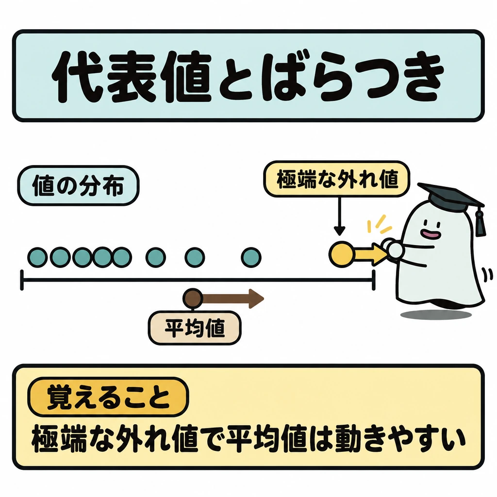 代表値・ばらつき・関係の図解。中央に値の分布を横一列の点で描き、点の多くを左寄りに、極端な外れ値を右端に置く。エルくんが外れ値をさらに右へ動かす方向に合わせ、下の平均値マーカーにも右向きの矢印を添える。
